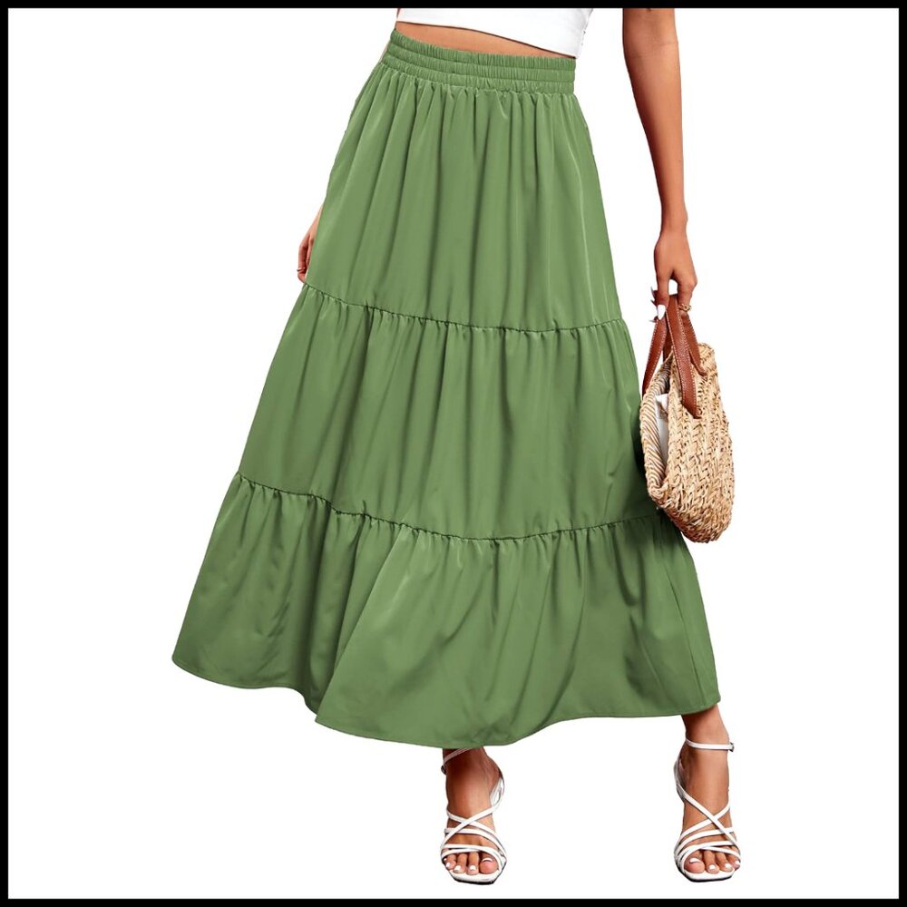 Maxi Skirt Women Summer Boho Elastic High Waist Pleated A-Line Flowy
